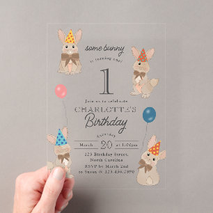Bunny Rabbit Some Bunny is Turning One Birthday Acrylic Invitations
