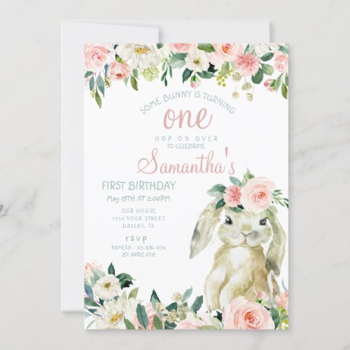 Bunny Rabbit Spring Floral Girl 1st Birthday Party Invitation