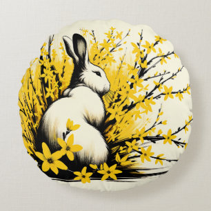 Bunny Rabbit Spring Yellow Forsythia Round Pillow