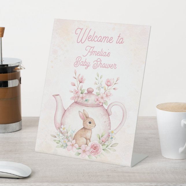 Bunny Rabbit Tea Pot Floral Welcome Baby Shower Pedestal Sign (In SItu)