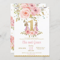 Bunny Rabbit Twin Girls 1st Birthday Invitation