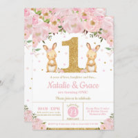 Bunny Rabbit Twin Girls 1st Birthday Party Twins Invitation