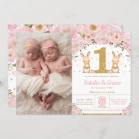 Bunny Rabbit Twin Girls 1st Birthday Twins Photo Invitation