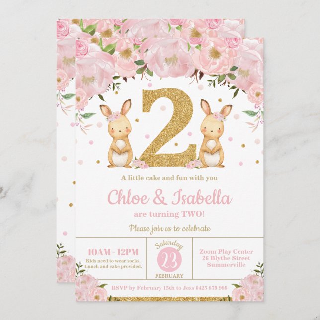 Bunny Rabbit Twin Girls 2nd Birthday Twins Invitation (Front/Back)