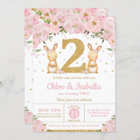 Bunny Rabbit Twin Girls 2nd Birthday Twins Invitation