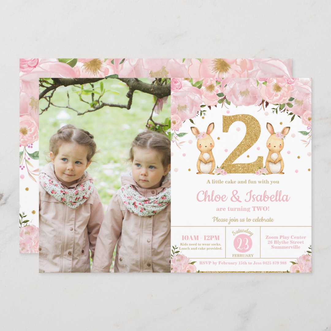 Bunny Rabbit Twin Girls 2nd Birthday Twins Photo Invitation | Zazzle