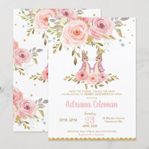 Bunny Rabbit Twin Girls Baby Shower Invitation