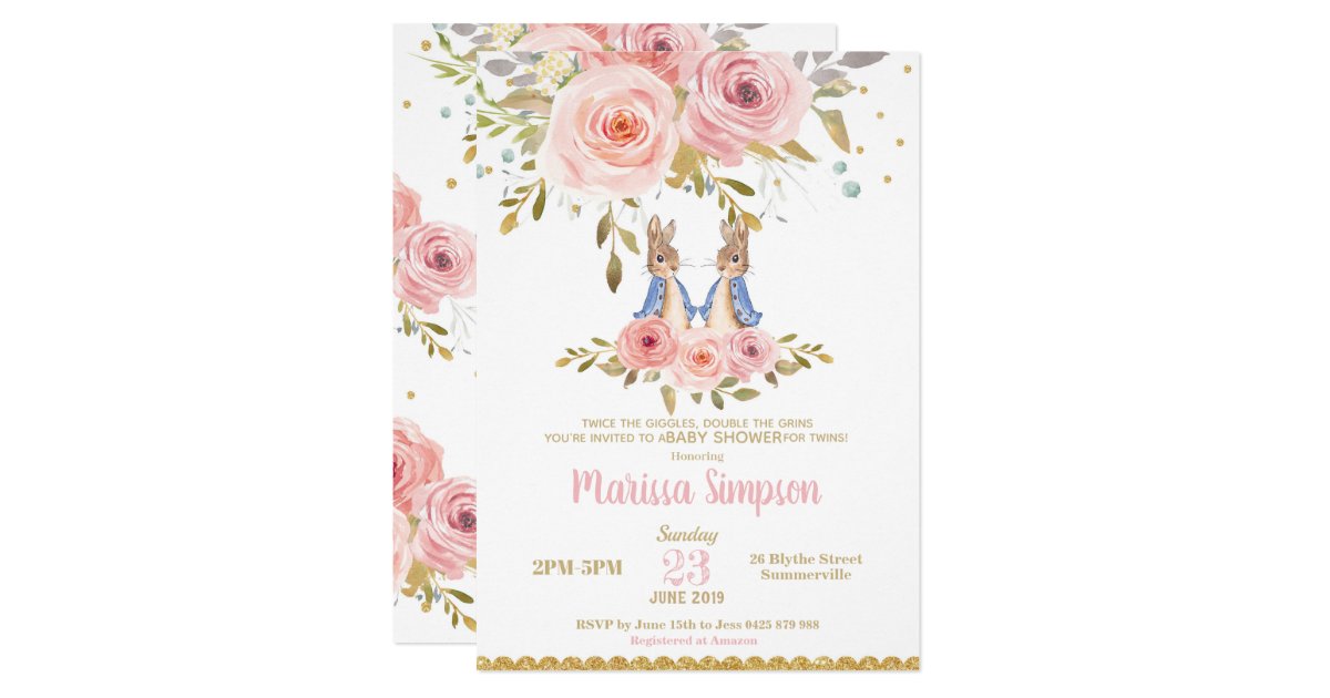 Bunny Rabbit Twin Girls Baby Shower Invitation