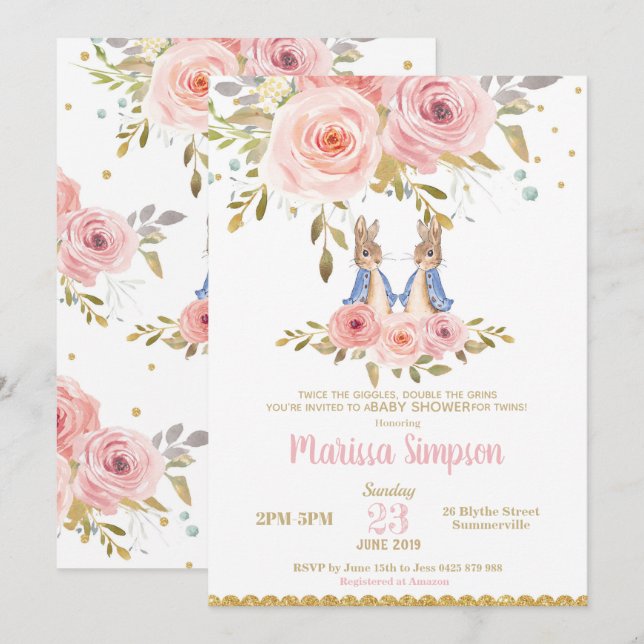 Bunny Rabbit Twin Girls Baby Shower Invitation (Front/Back)