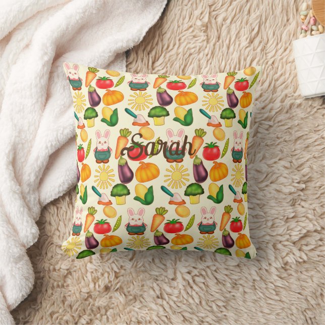 Bunny Rabbit Vegetable Farmer Throw Pillow (Blanket)