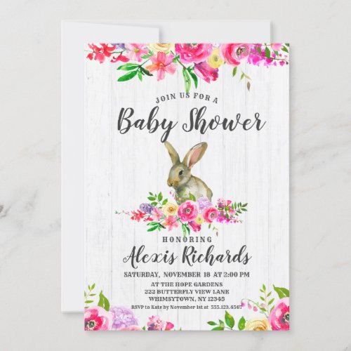 Bunny Rabbit Watercolor Floral Baby Shower Invitat Invitation