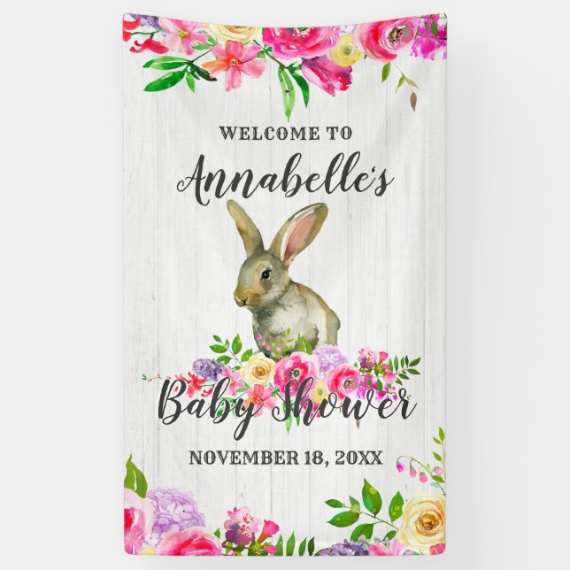 Bunny Rabbit Watercolor Floral Baby Shower Welcome Banner (Vertical)