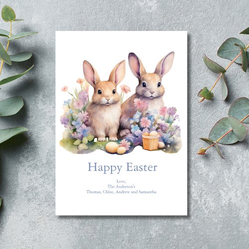 Bunny Rabbit Watercolor Floral Eggs Flowers Easter Holiday Card