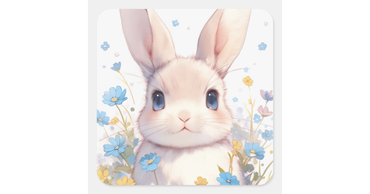 Bunny Rabbit with Blue Eyes and Spring Wildflowers Square Sticker | Zazzle