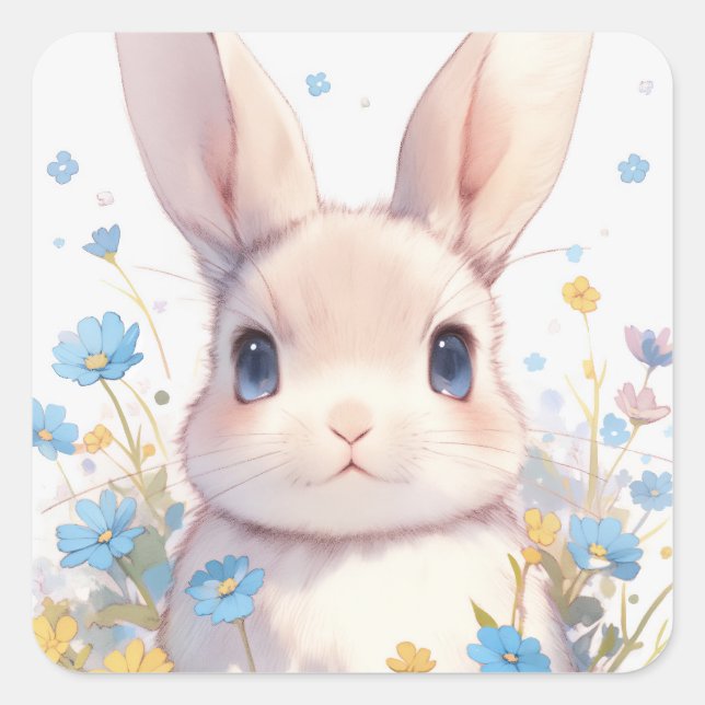 Bunny Rabbit with Blue Eyes and Spring Wildflowers Square Sticker (Front)