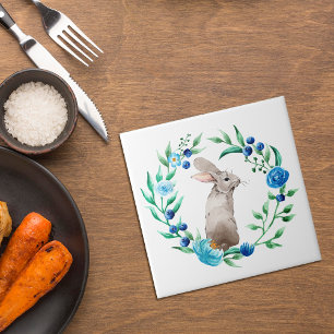 Bunny Rabbit with Blue Floral Wreath Ceramic Tile