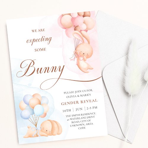 Bunny Rabbit with Blue Pink Balloons Gender Reveal Invitation