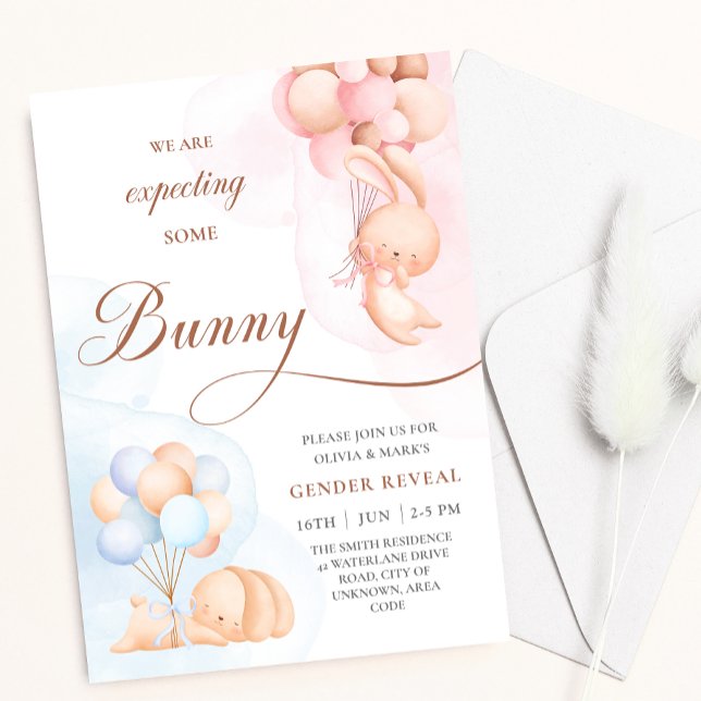 Bunny Rabbit with Blue Pink Balloons Gender Reveal Invitation (Creator Uploaded)