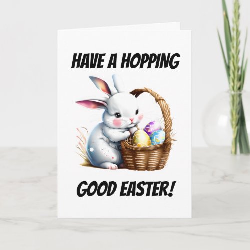 Bunny rabbit with eggs hopping good easter pun holiday card