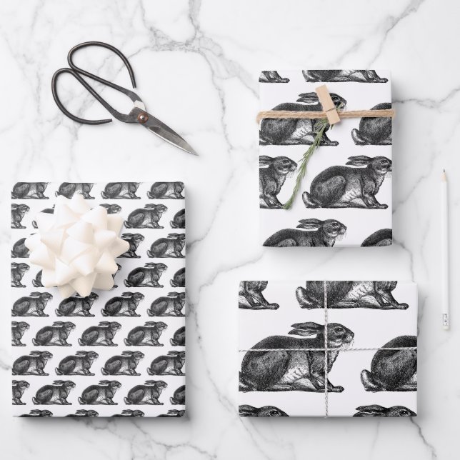 Bunny Rabbit Wrapping Paper Sheets Black & White (Front)