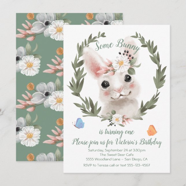 Bunny Rabbit wreath Birthday Party Invitation (Front/Back)