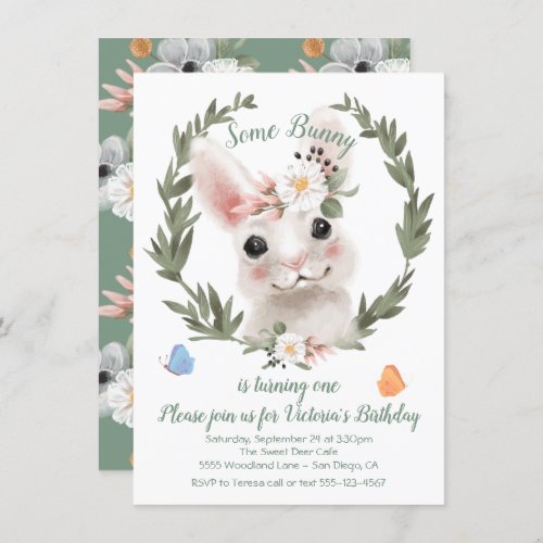 Bunny Rabbit wreath Birthday Party Invitation