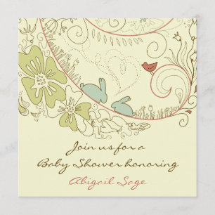 Bunny Rabbits and Flowers Neutral Baby Shower Invitation