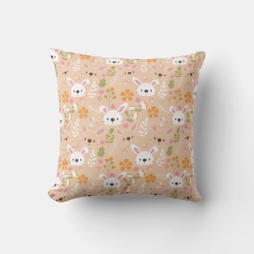 Bunny Rabbits and Flowers Pattern  Throw Pillow