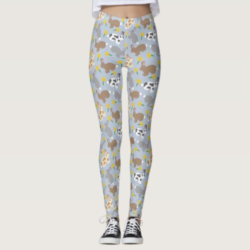 Bunny Rabbits and Flowers Patterned Light Blue Leggings