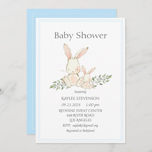Bunny Rabbits Blue Modern Baby Shower Invitation