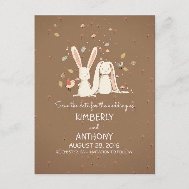 Bunny Rabbits Cute Couple Save the Date Announcement Postcard (Front)