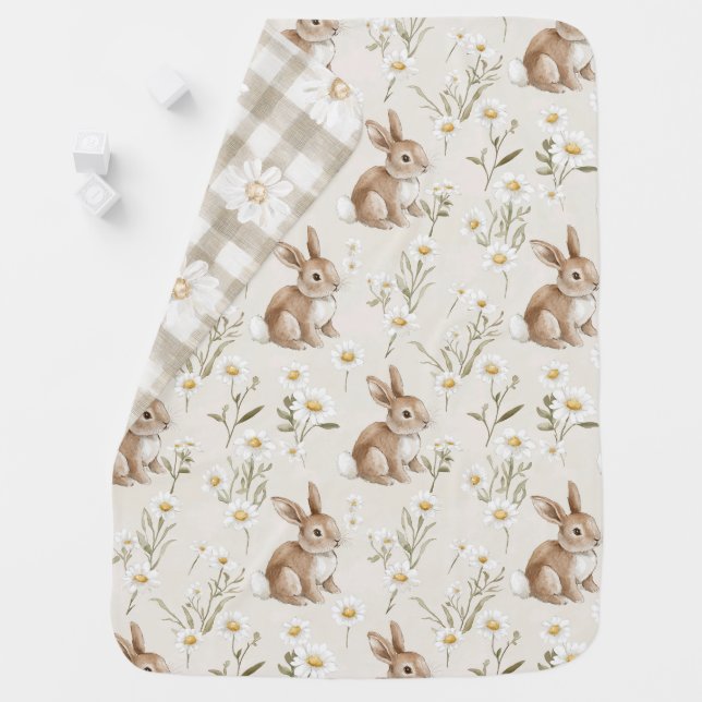 Bunny Rabbits Daisy Flowers Baby Blanket (In Situ)