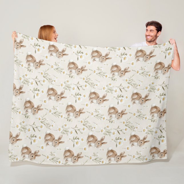 Bunny Rabbits Daisy Flowers Fleece Blanket (In Situ)