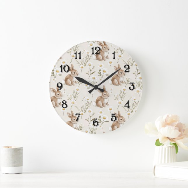 Bunny Rabbits Daisy Flowers Nursery Large Clock (Home)