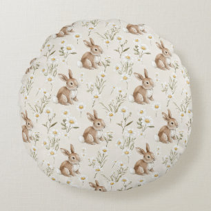 Bunny Rabbits Daisy Flowers Round Pillow