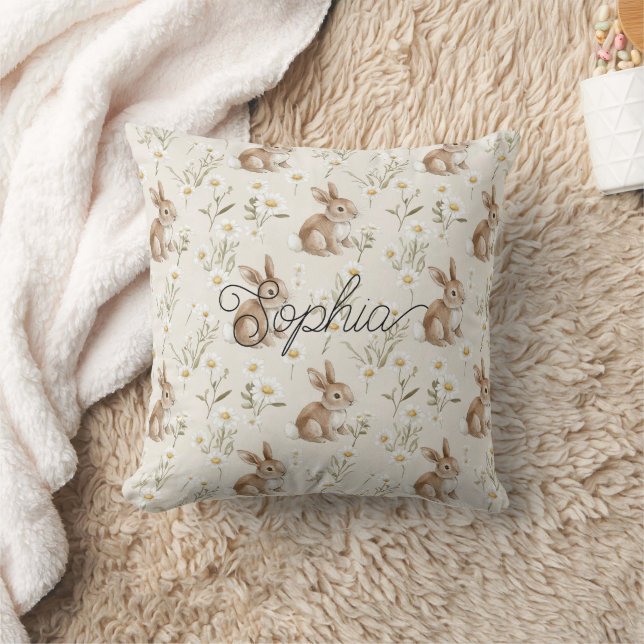 Bunny Rabbits Daisy Flowers Throw Pillow (Blanket)