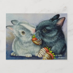 Bunny Rabbits & Dipped Strawberries Watercolor Art Postcard