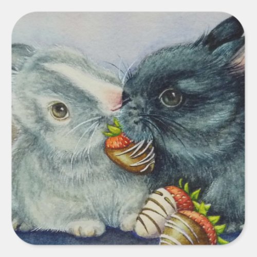 Bunny Rabbits  Dipped Strawberries Watercolor Art Square Sticker