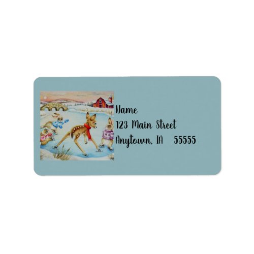 Bunny Rabbits  Fawn Ice Skating Watercolor Art Label