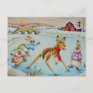 Bunny Rabbits & Fawn Ice Skating Watercolor Art Postcard