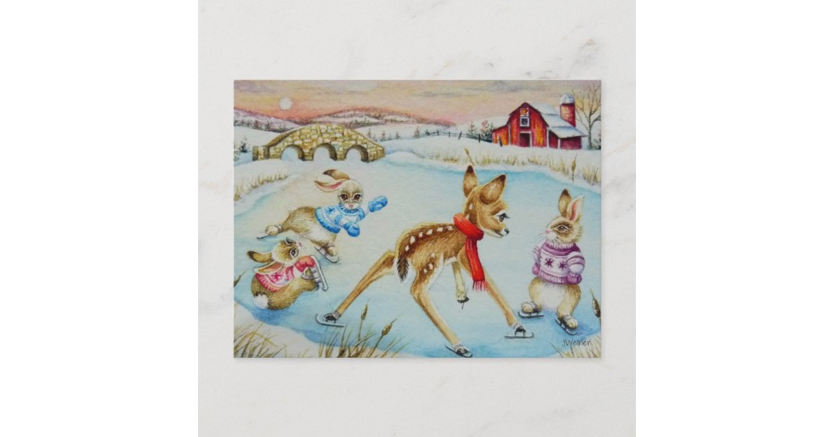 Bunny Rabbits & Fawn Ice Skating Watercolor Art Postcard | Zazzle
