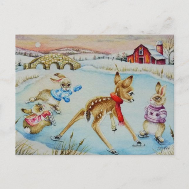Bunny Rabbits & Fawn Ice Skating Watercolor Art Postcard (Front)