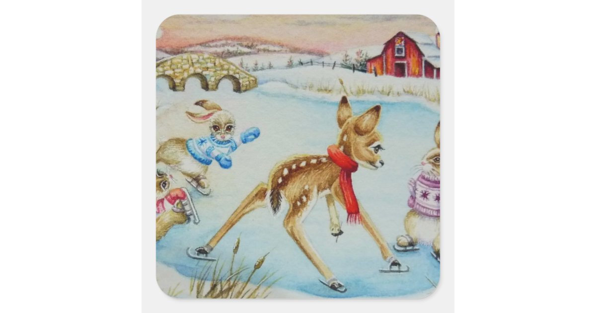 Bunny Rabbits & Fawn Ice Skating Watercolor Art Square Sticker | Zazzle
