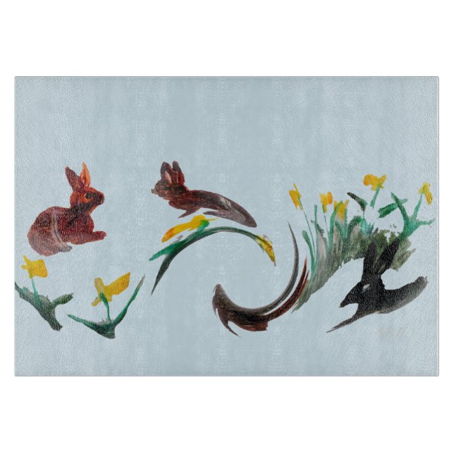 Bunny Rabbits Floral Nature Cutting Board (Front)