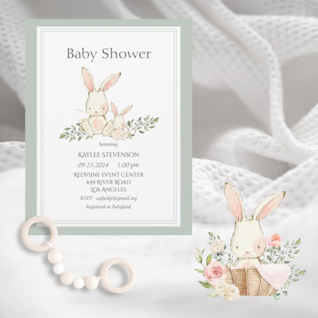 Bunny Rabbits Green Modern Baby Shower Invitation