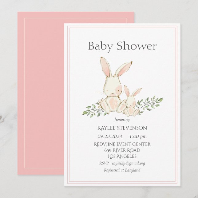 Bunny Rabbits Pink Modern Baby Shower Invitation (Front/Back)
