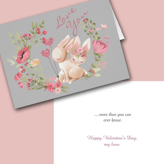 Bunny Rabbits Pink Wreath Romantic Valentine Cards (Creator Uploaded)
