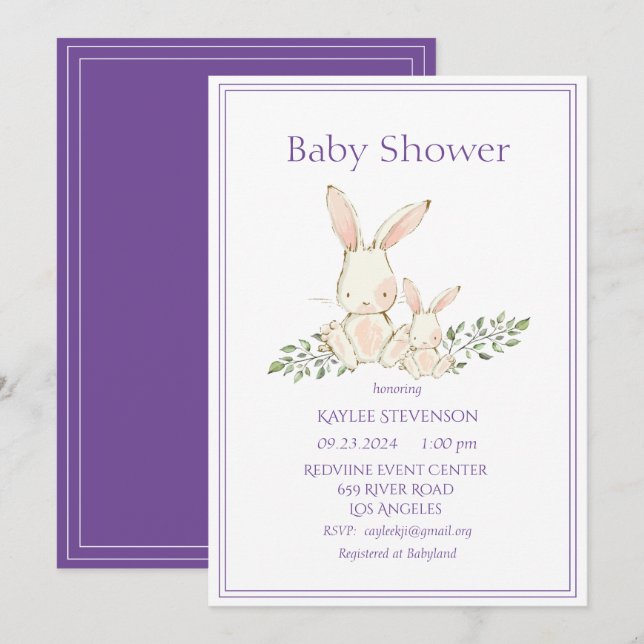 Bunny Rabbits Purple Modern Baby Shower Invitation (Front/Back)