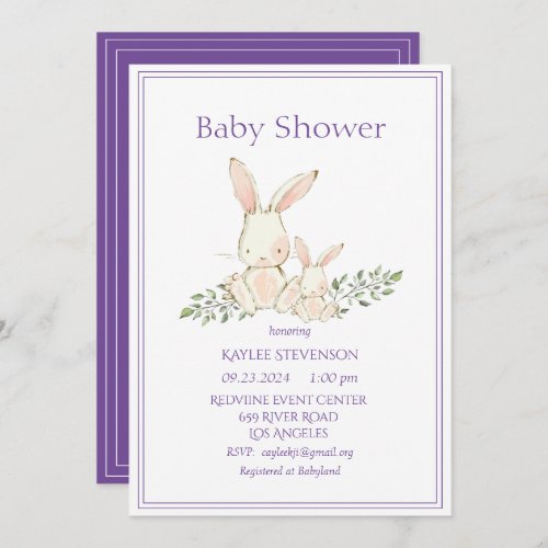 Bunny Rabbits Purple Modern Baby Shower Invitation