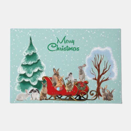 Bunny Rabbits Santa Sled Holiday Doormat